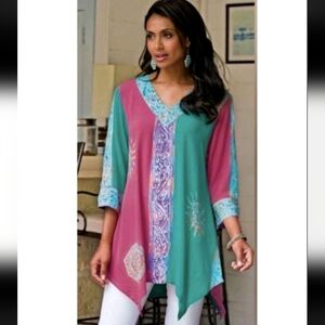 SOFT SURROUNDINGS 3X Mystic Batik Crinkle Gauze V-Neck Teal Tunic Top Boho